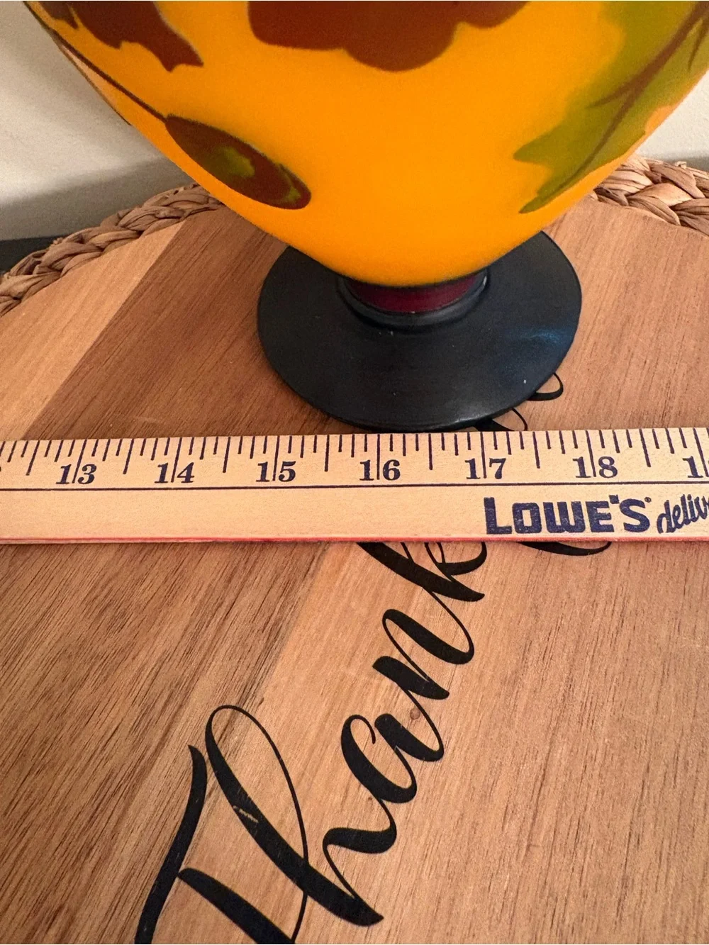 Hand-Painted Amber Glass Vase with Oak Leaf Motif